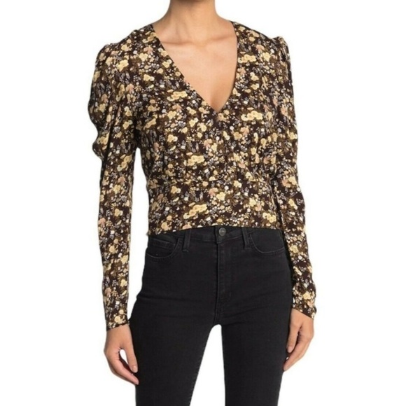 Afrm X Nordstrom Fall Bouquet Floral Print Puff Sleeve Crop Top - Picture 1 of 12